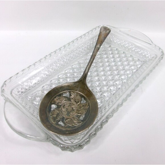 Vintage 1978 Leonard Silver Crystal Cranberry Dish and Serving Spoon Set - Picture 2 of 5